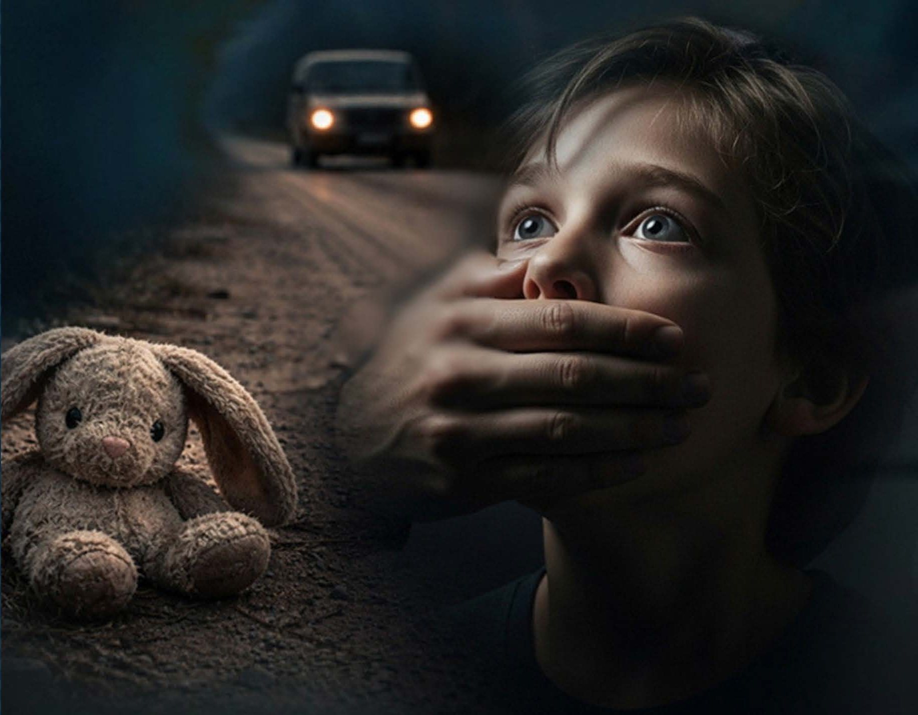 A frightened child with a hand over his mouth, a lost toy rabbit and a car on a dark road