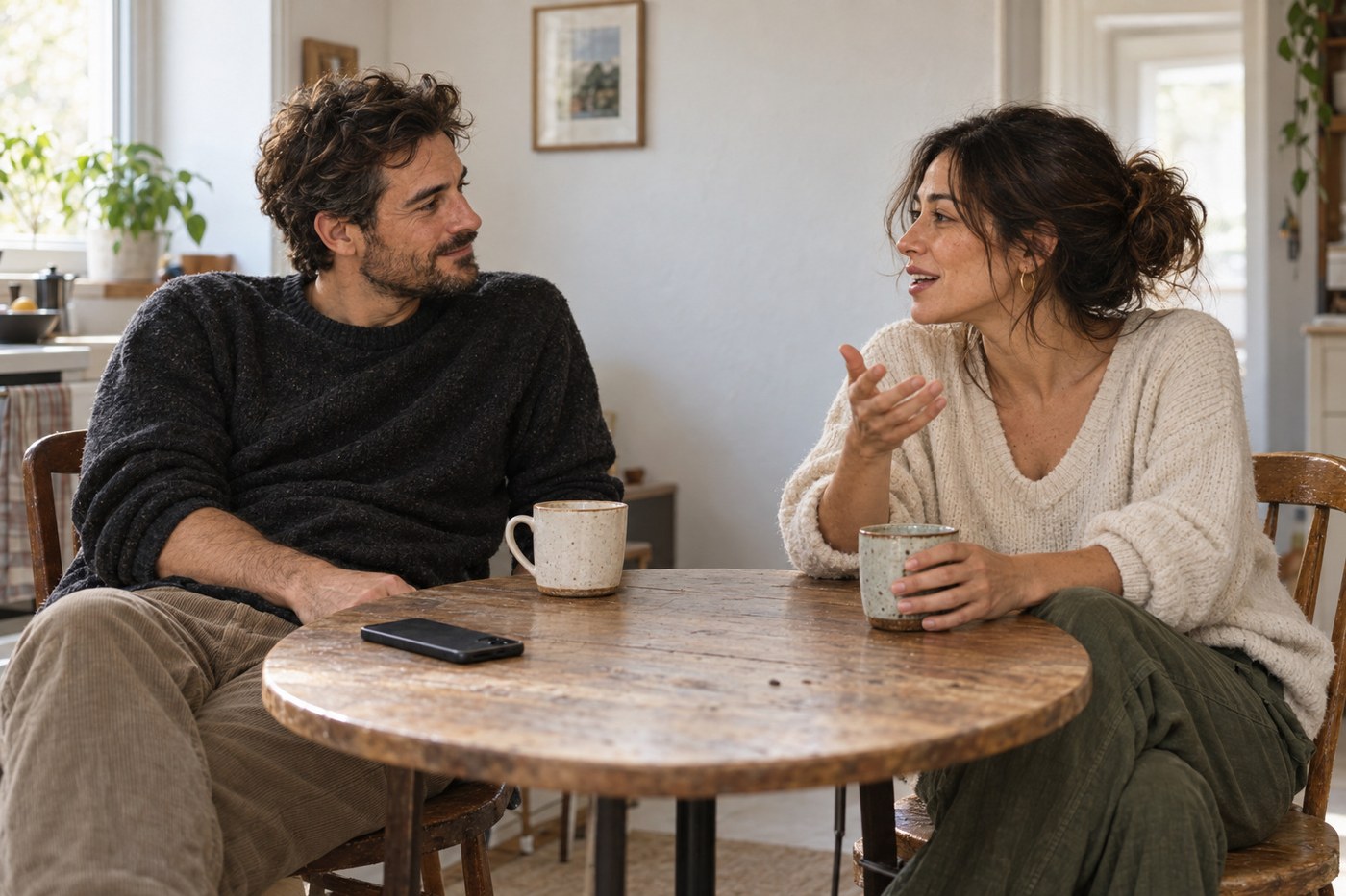 Two adults talk at a table with a phone set aside.
