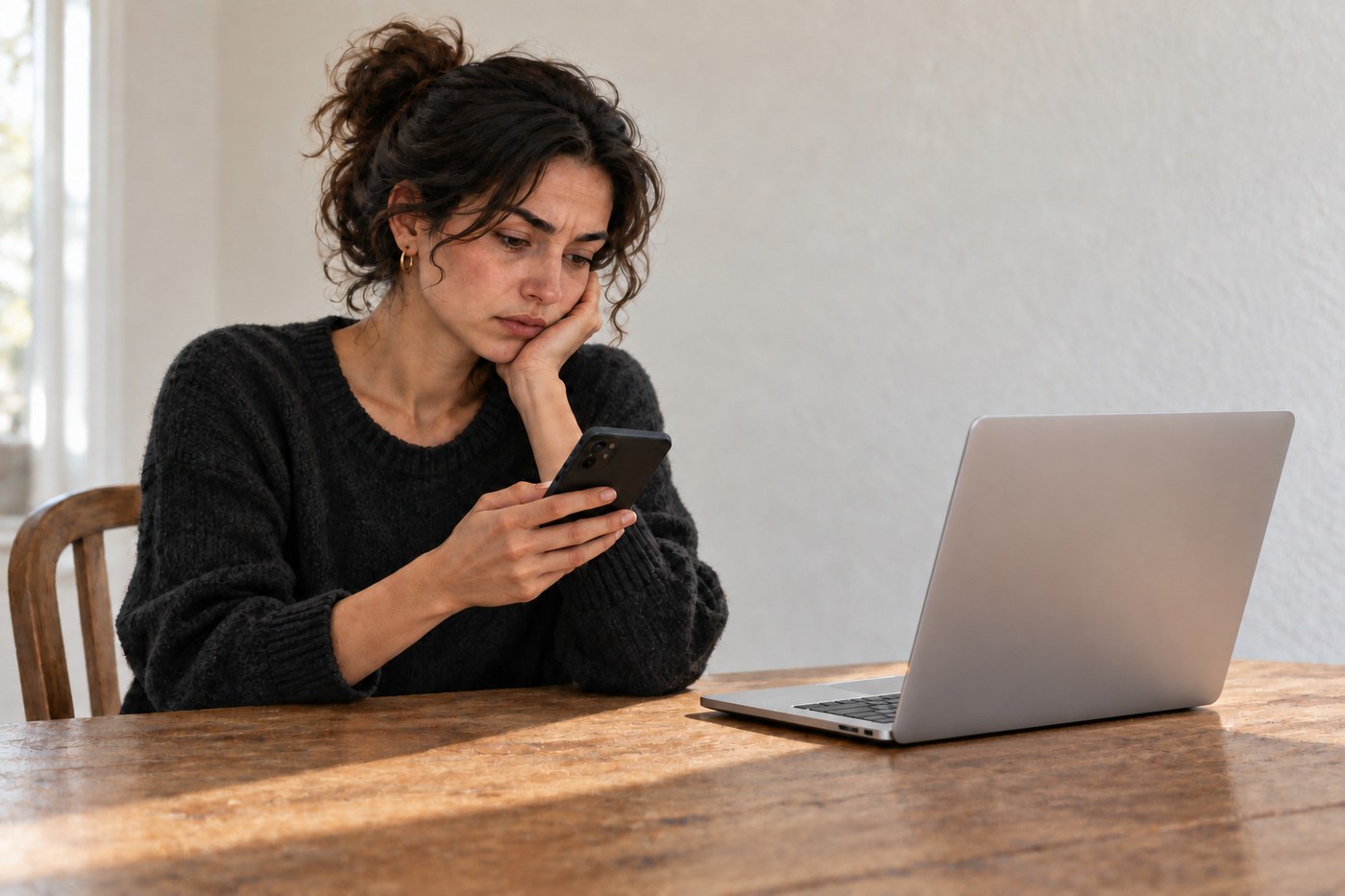 A woman looks at her phone while an open laptop sits unused beside her.