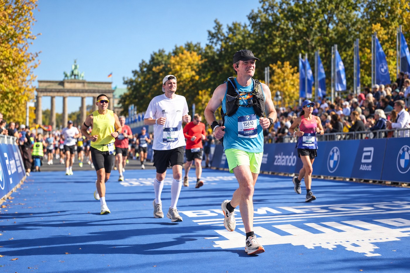 Jonathan Bricker completing the Berlin Marathon, with the Brandenburg Gate behind him.